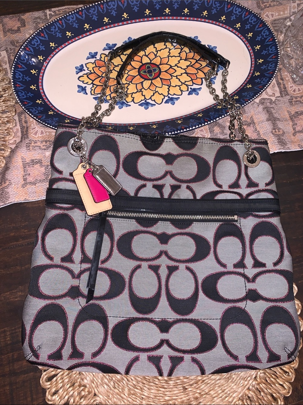 Coach Gray and Black Signature Logo Shoulder Bag with Pink Accent Tags